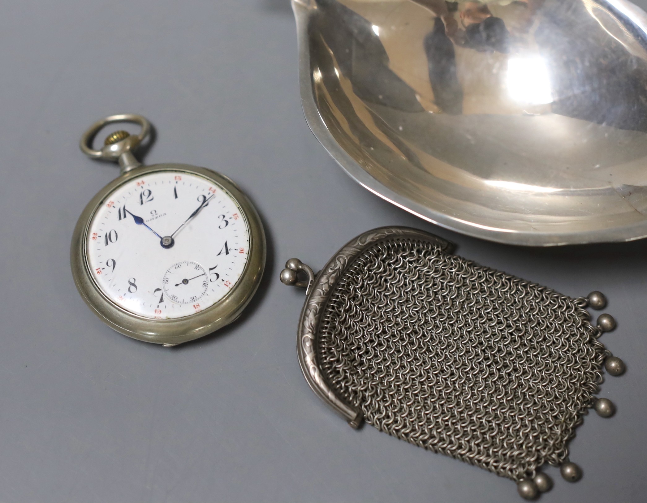 A modern sterling Sciarrotta leaf dish, 13.4cm,a nickel cased Omega open face pocket watch, a white metal and oval cameo shell set brooch and a chain mesh purse.